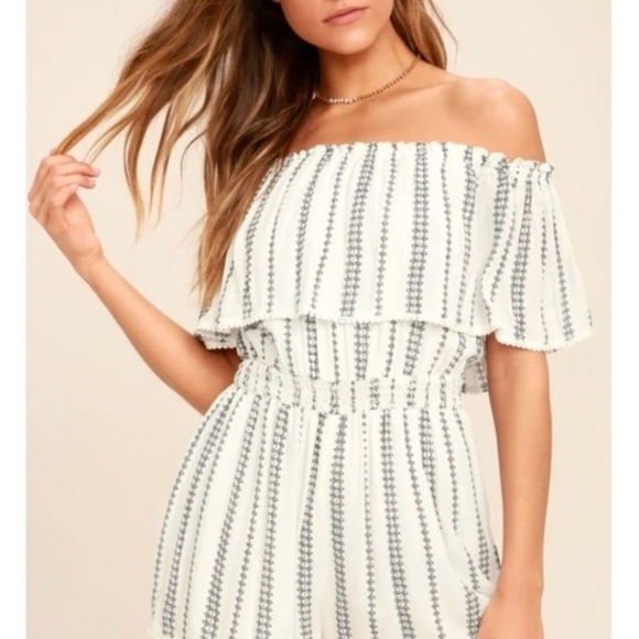 Lulu's Black and White Jumpsuit Off-Shoulder Ruffled - Picture 1 of 4